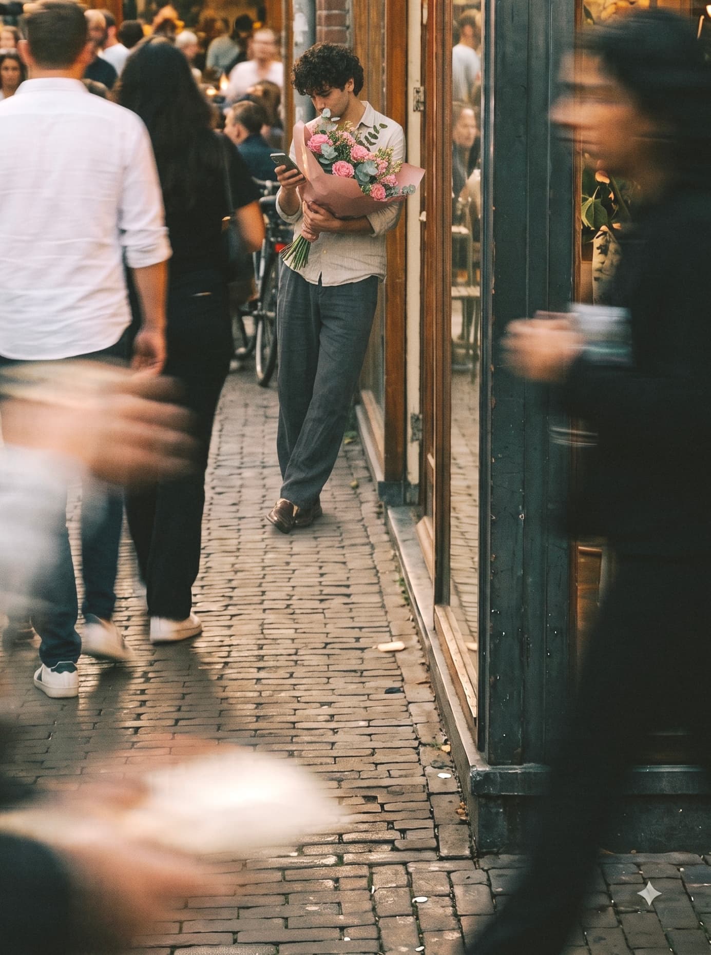 A man holding a bouquet of flowers waits on a busy Amsterdam street